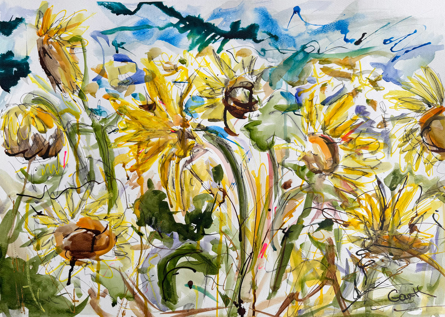 Joyous  sunflowers - flower painting