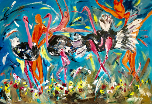 strutting ostriches with dancers 